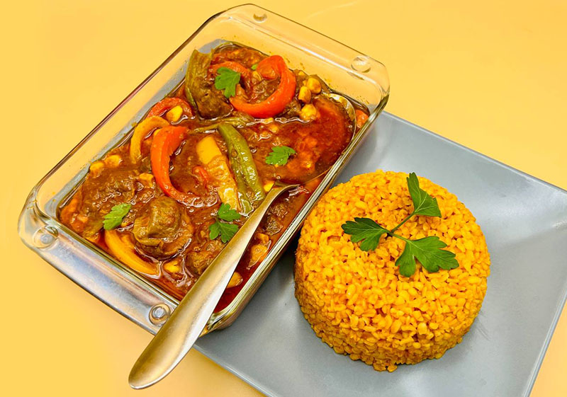 سنگدان مرغ با کاری و بلغور پلویی
