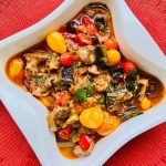 خوراک سنگدان مرغ با سبزیجات و گوجه رنگی