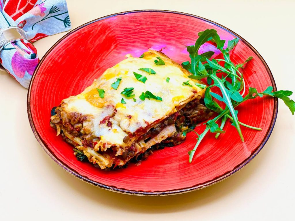 لازانیای کدو حلوایی، اسفناج و عدس